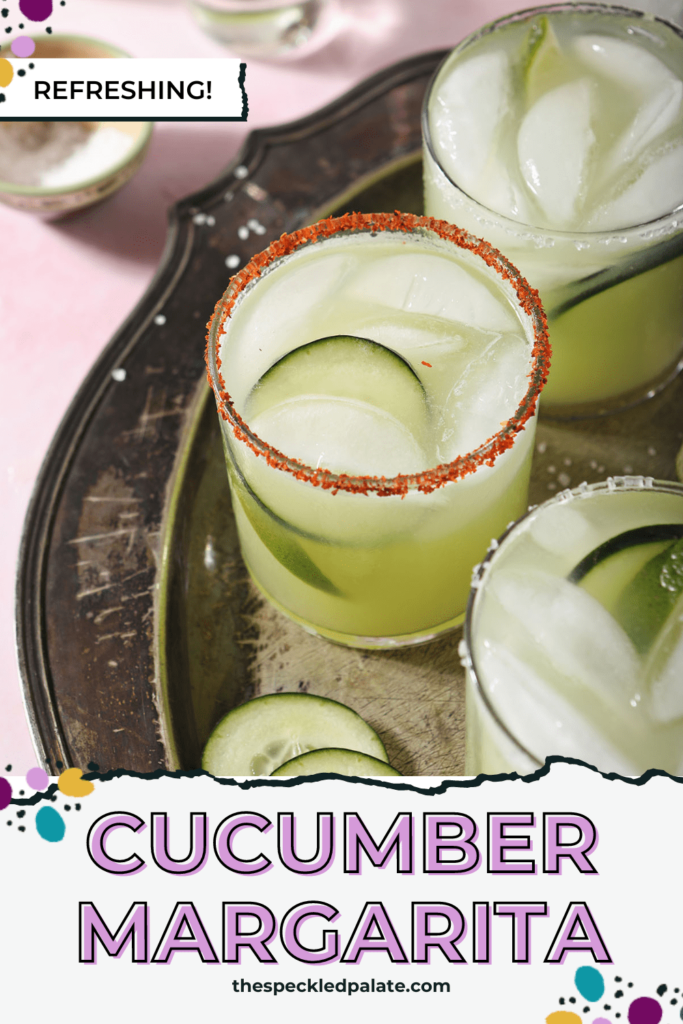 Three margaritas with cucumber on the rocks on a silver tray with the text cucumber margarita