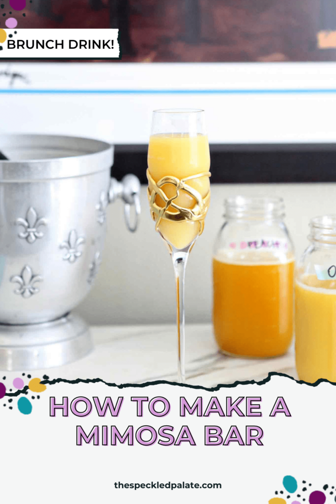 A traditional mimosa sits on the bar before drinking with the text how to make a mimosa bar