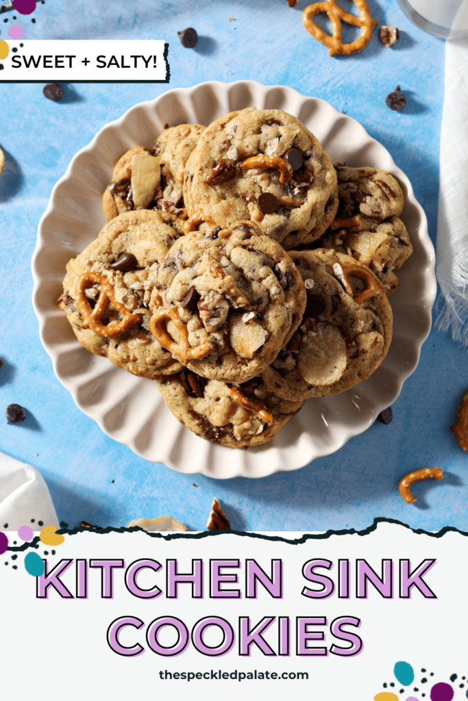 A white plate of cookies with the text Kitchen Sink Cookies on blue