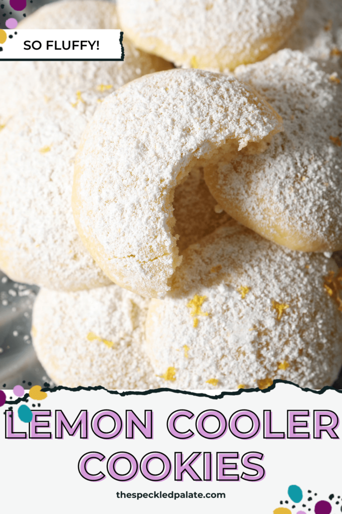 Close up of a bitten-into Lemon Cooler Cookie stacked on others with the text Lemon Cooler Cookies