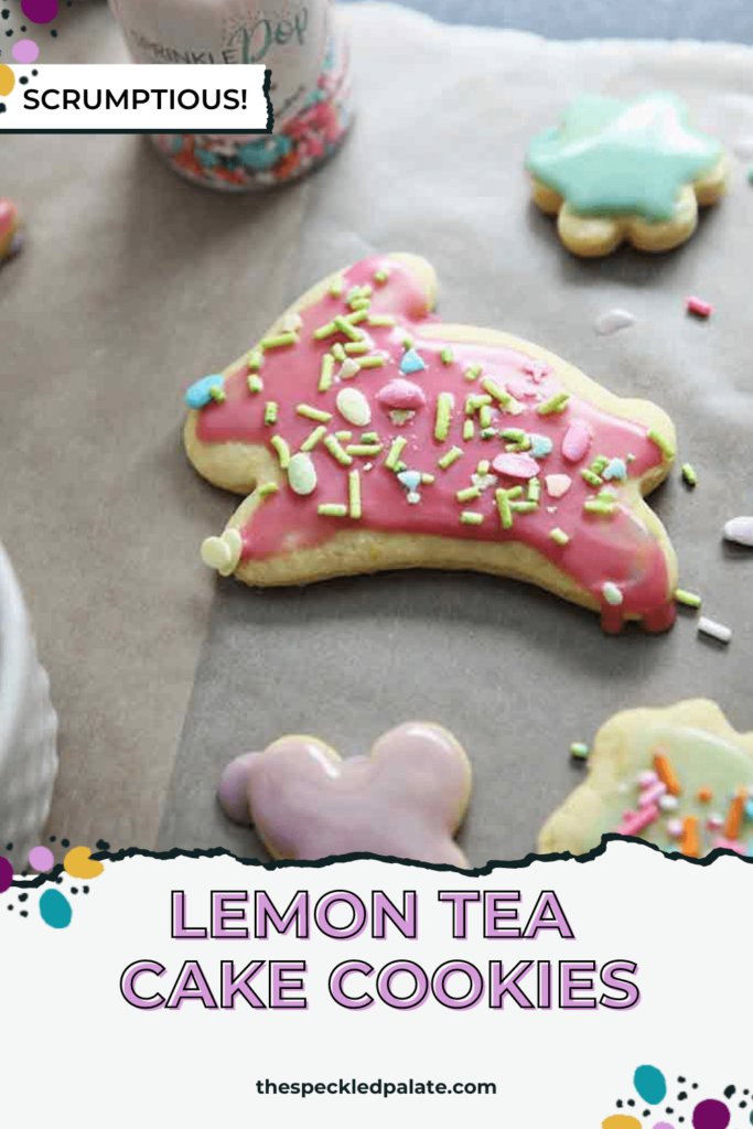 A bunny lemon cookie is decorated with the text Lemon Tea Cake Cookies