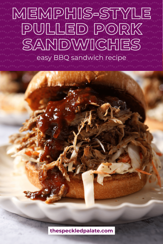 Close up of a pulled pork sandwich drizzled with BBQ sauce with the text Memphis-Style Pulled Pork Sandwiches easy BBQ sandwich recipe