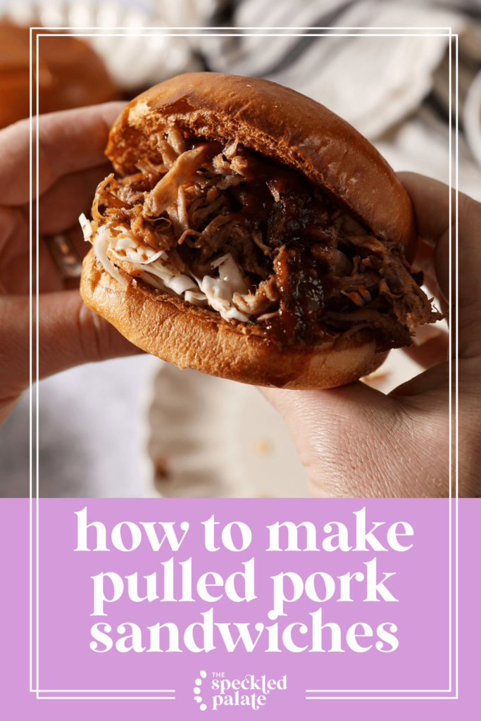 A man holds a BBQ sandwich over plates with the text how to make pulled pork sandwiches