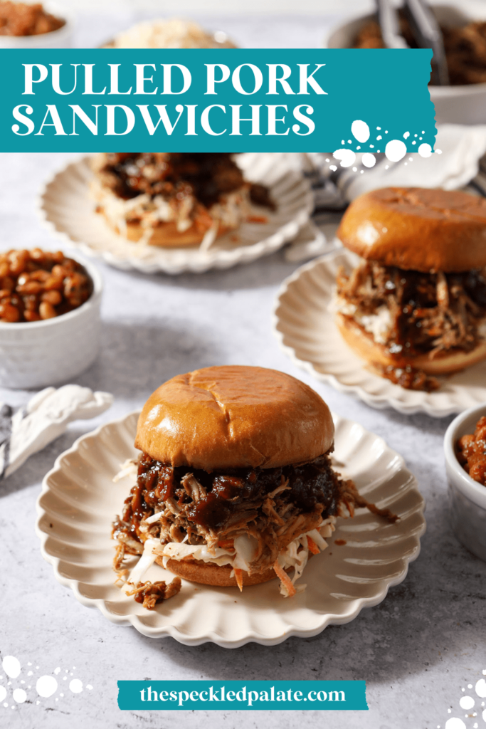 Three pork sandwiches on scalloped plates with the text Pulled Pork Sandwiches