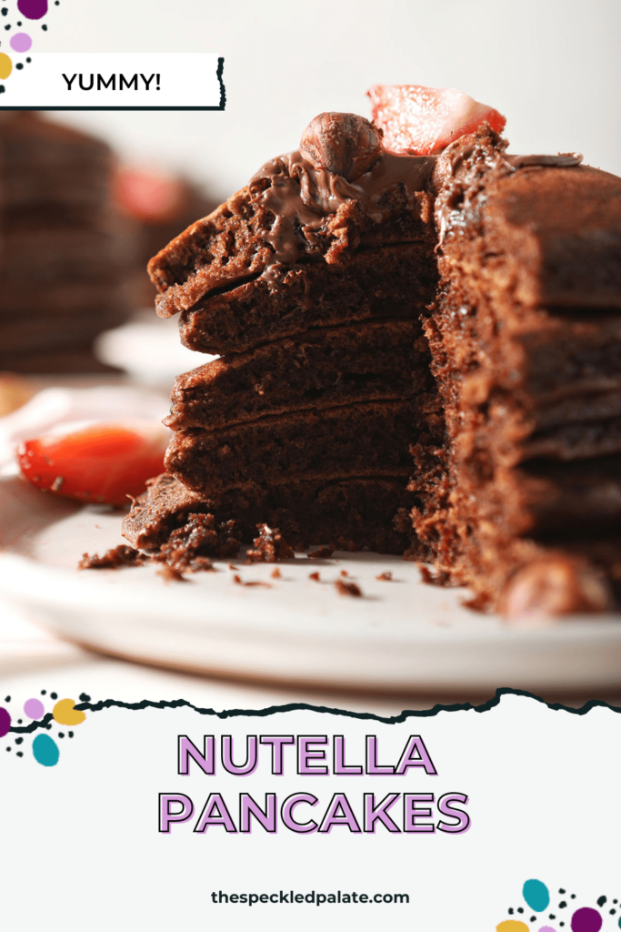 Closeup of a stack of brown pancakes with the text nutella pancakes