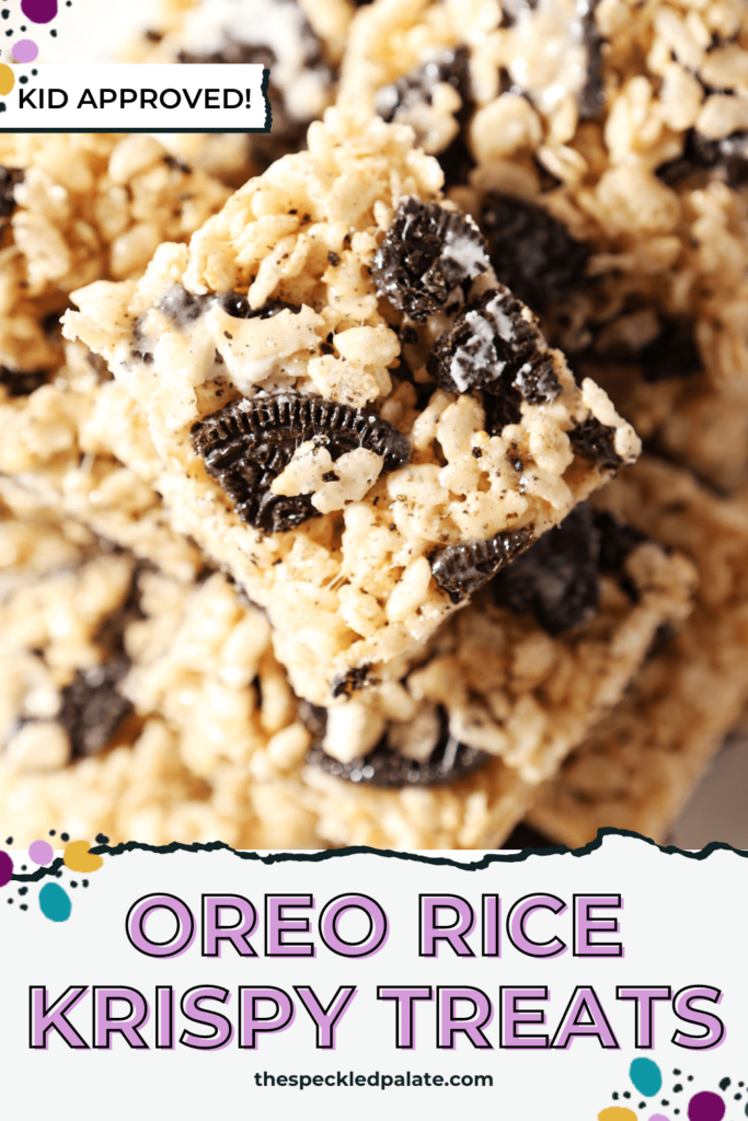 Close up of a plate of crispy rice treats with Oreos inside on a plate with the text Oreo Rice Krispie treats