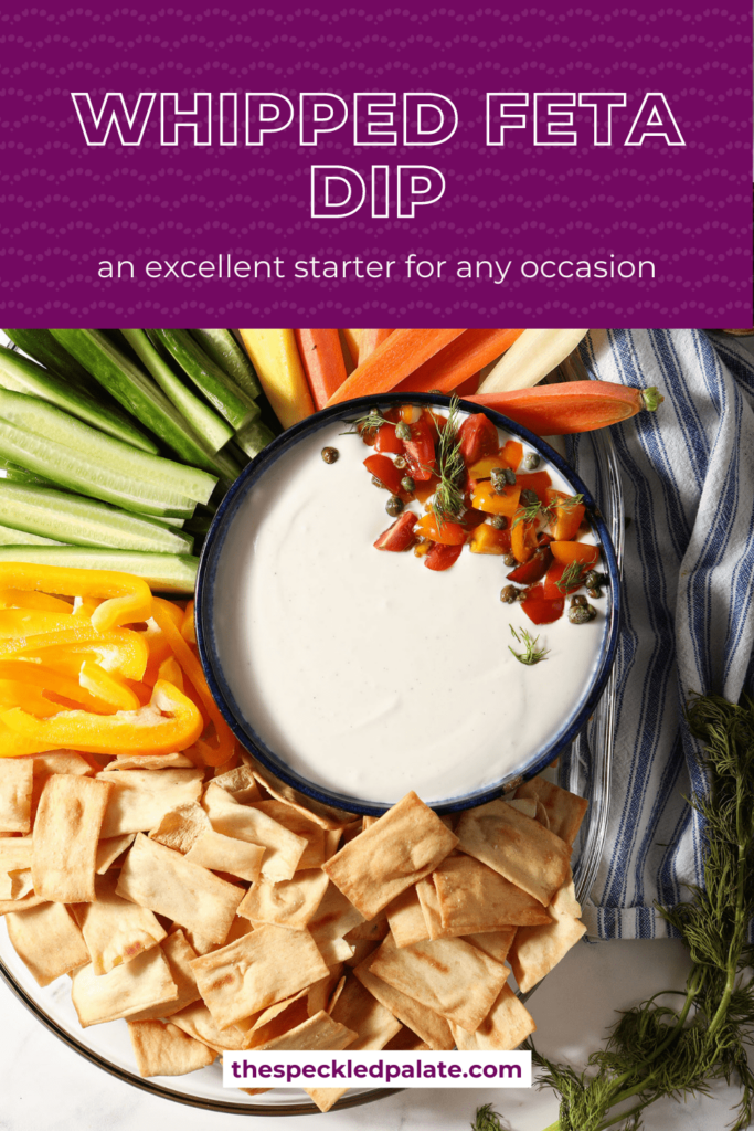 pinterest image of a platter of whipped feta dip and dippers