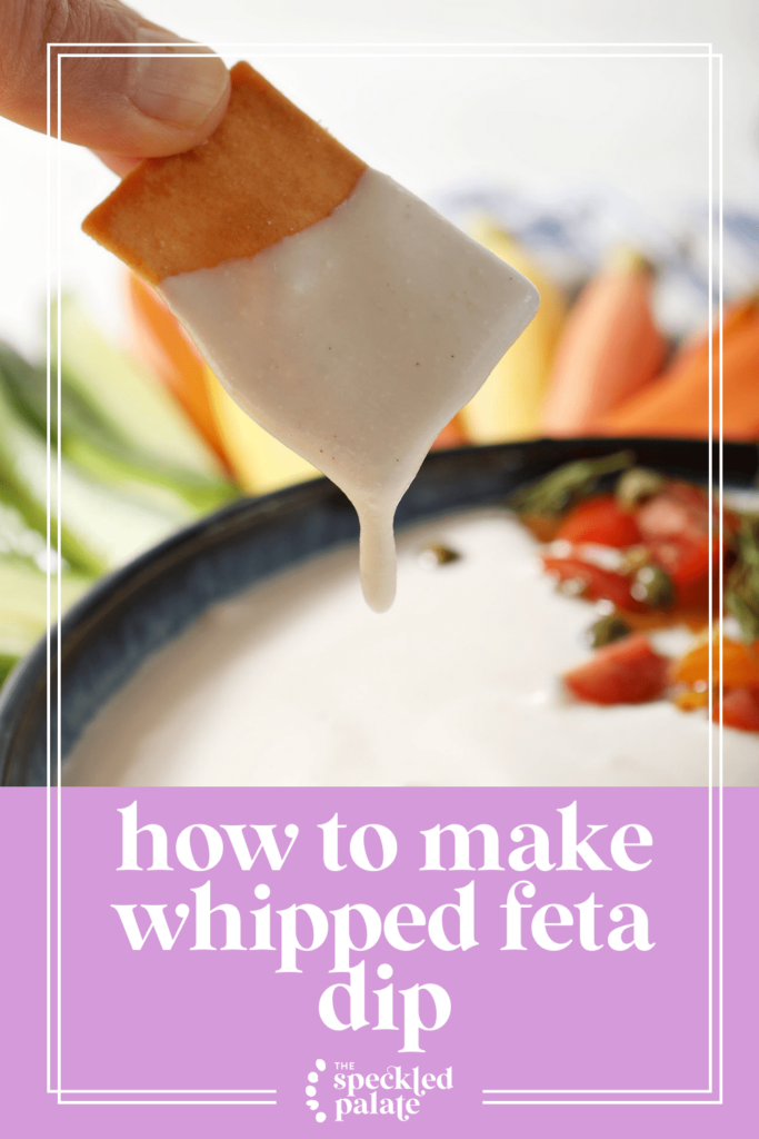 pinterest image of whipped feta dip on a pita cracker