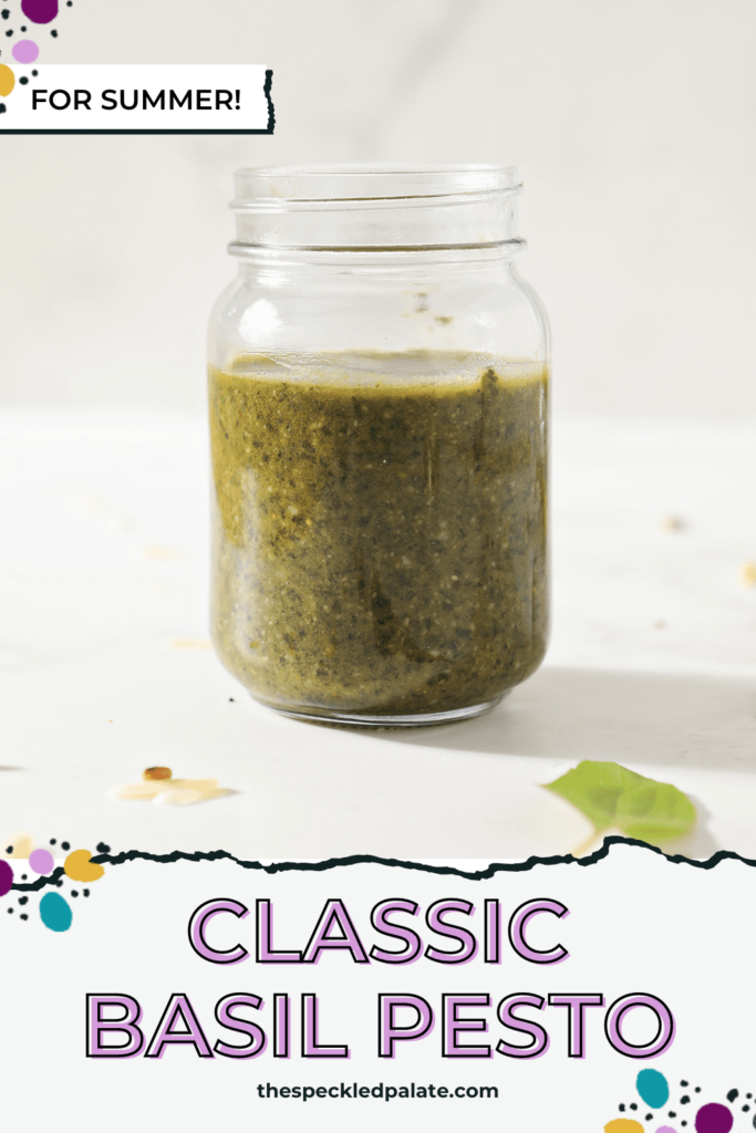 A jar of homemade pesto on marble with the text Classic basil pesto