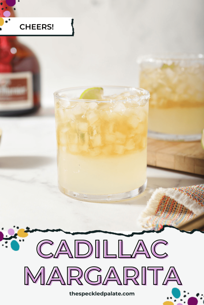 Two Cadillac Margaritas on a marble countertop with the text Cadillac Margarita