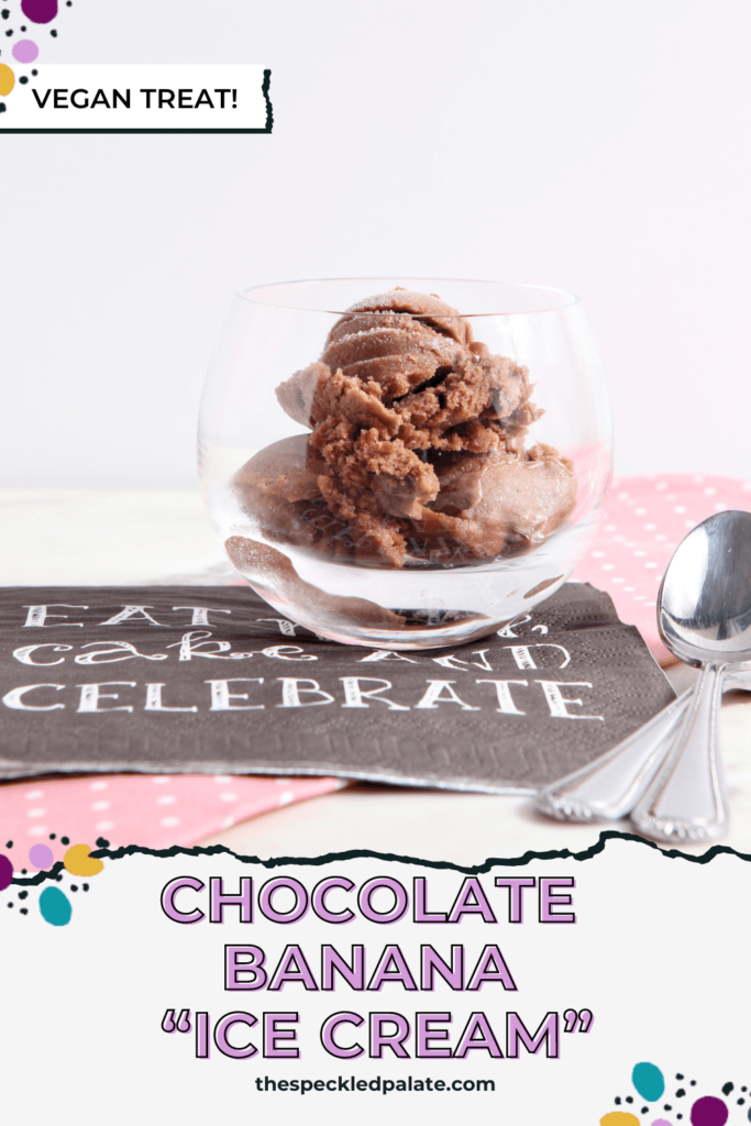 Scoops of chocolate banana ice cream in glass with lit birthday candle with the text chocolate banana "ice cream"