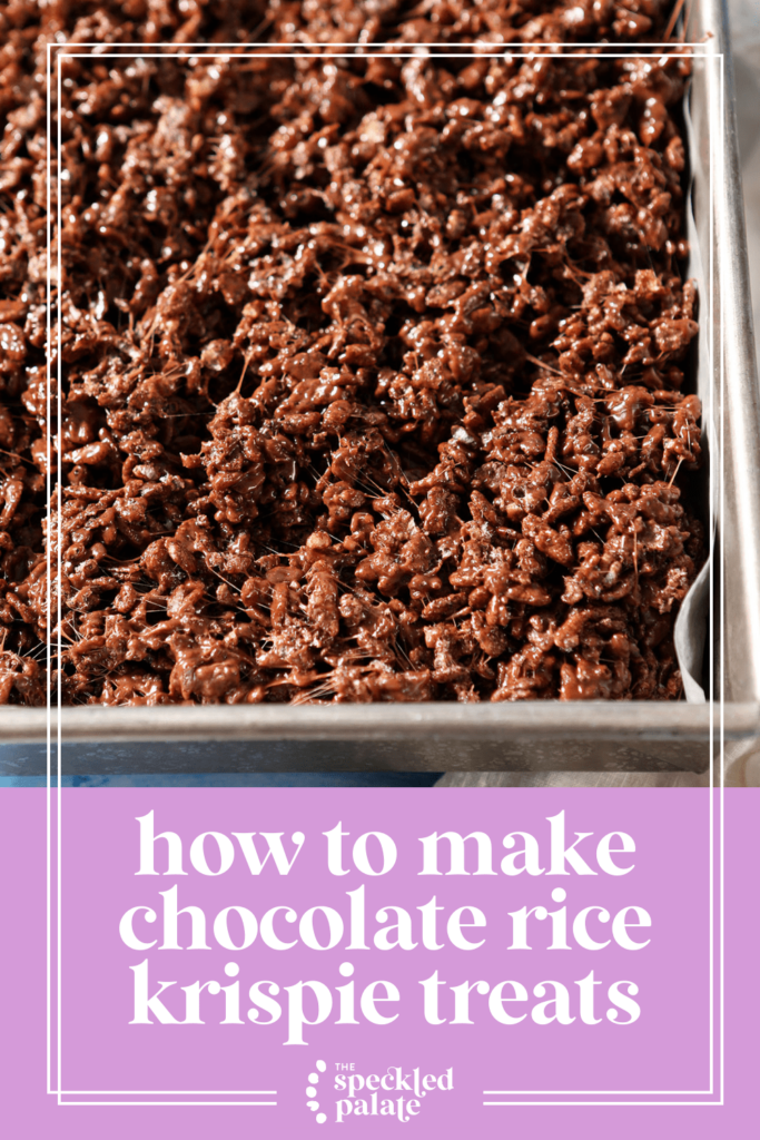 A tray of brown rice krispie treats with the text how to make chocolate rice krispie treats