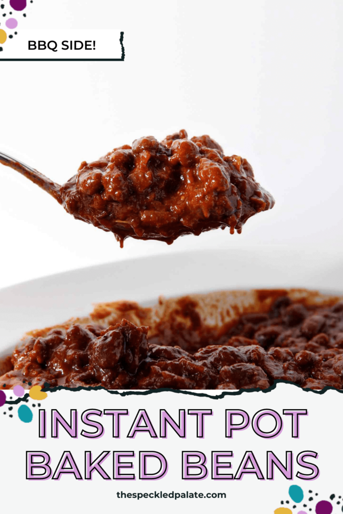 A spoon holds a scoop of BBQ baked beans with the text Instant Pot Baked Beans