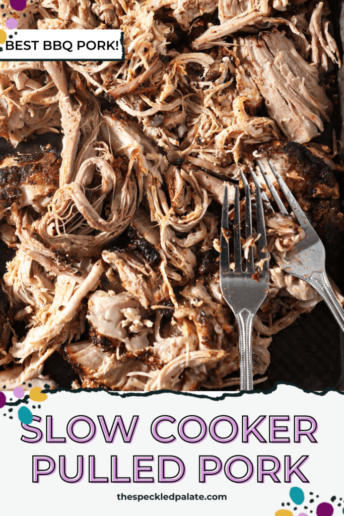 A tray of slow cooker bbq pulled pork with forks with the text slow cooker pulled pork