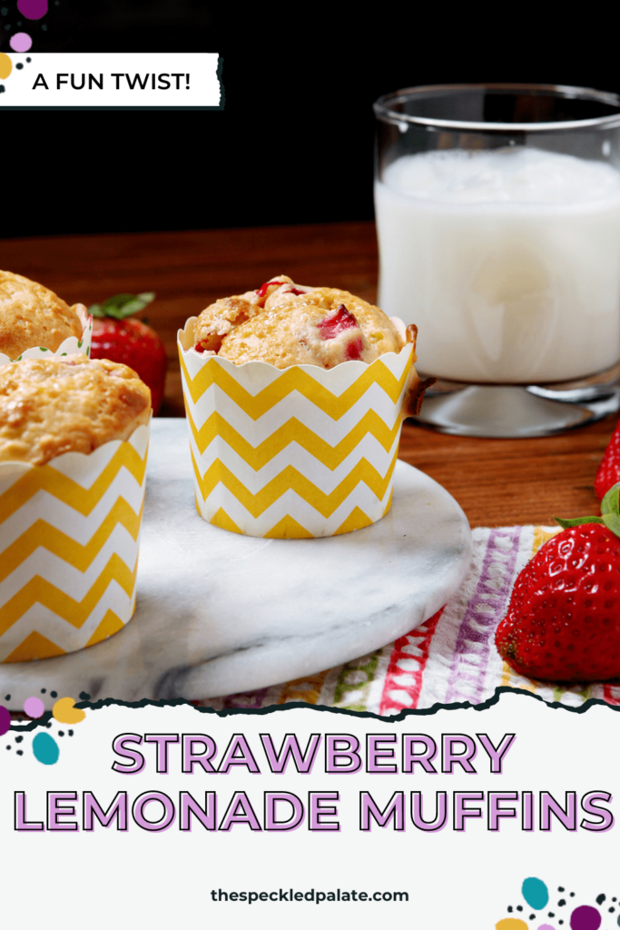 Muffins in yellow and white containers next to glass of milk with the text Strawberry Lemonade Muffins