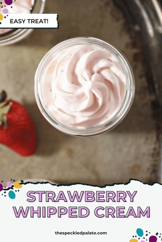 A serving of strawberry whipped cream in a short glass with the text strawberry whipped cream