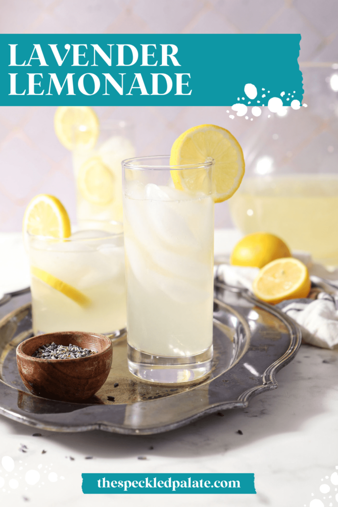 pinterest image of a glass of lavender lemonade with the text lavender lemonade