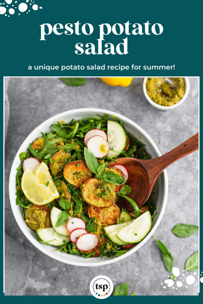 pinterest image of a bowl of pesto potato salad