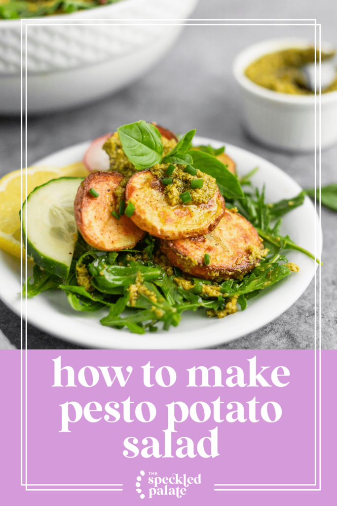 pinterest image of a bowl of pesto potato salad