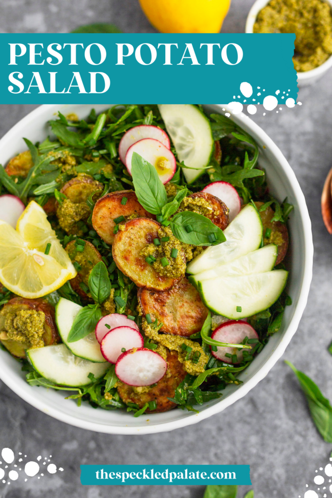 pinterest image of a bowl of pesto potato salad