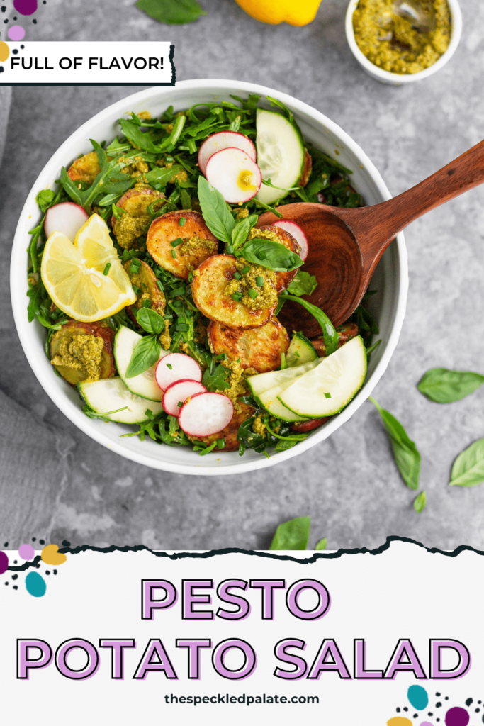 pinterest image of a bowl of pesto potato salad