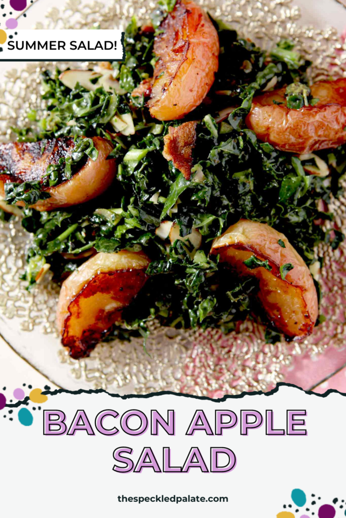 close up of a kale salad with roasted apples with the text Bacon Apple Salad