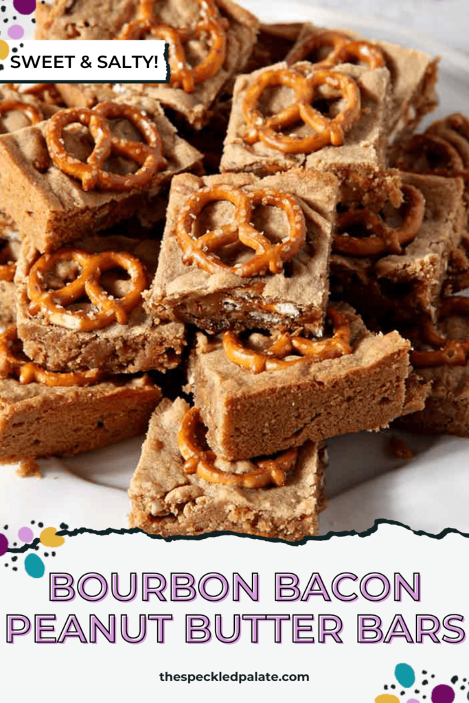 Close up of Boozy Bacon Pretzel Peanut Butter Bars on a white plate with the text Bourbon Bacon Peanut Butter Bars