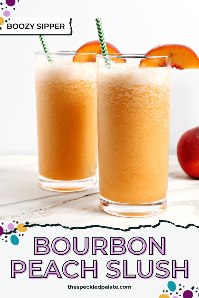 Close up of two highballs of orange peach slush with the text "bourbon peach slush"