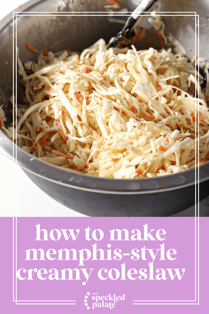 A blue and silver bowl holds homemade slaw with the text how to make Memphis-style creamy coleslaw