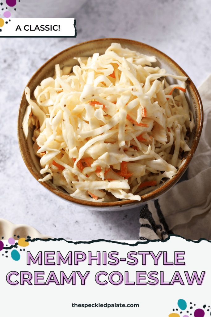 A small bowl of coleslaw next to a bowl of baked beans with the text Memphis-style Creamy Coleslaw