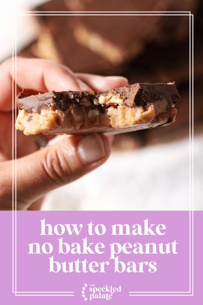 A hand holds a bitten-into Chocolate Peanut Butter Bar above a platter holding more with the text how to make no bake peanut butter bars