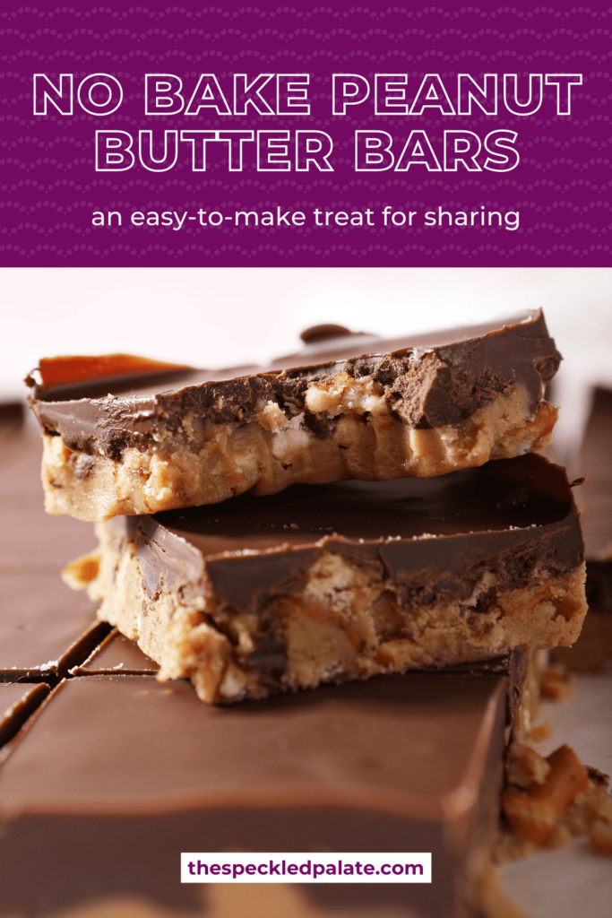 Close up of two stacked peanut butter squares on each other with the text no bake peanut butter bars an easy-to-make treat for sharing