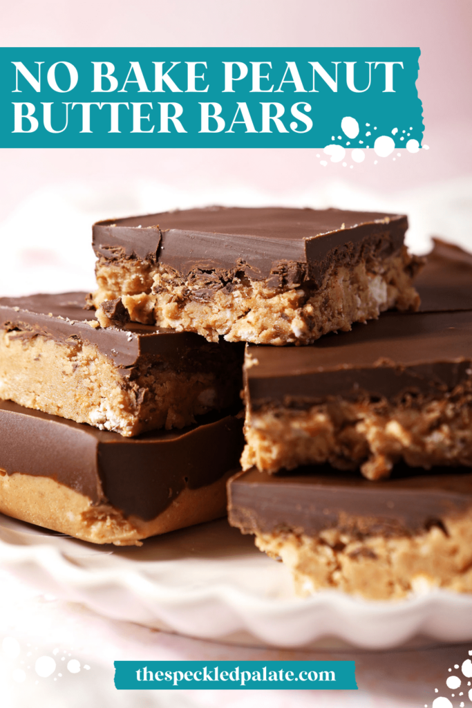 A scalloped plate holds a stack of Chocolate Peanut Butter Bars with the text no bake peanut butter bars