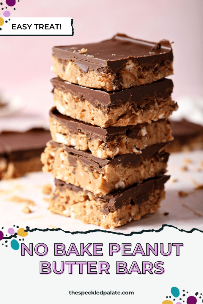 A stack of five chocolate covered peanut butter bars on parchment on a pink countertop with the text No Bake Peanut Butter Bars