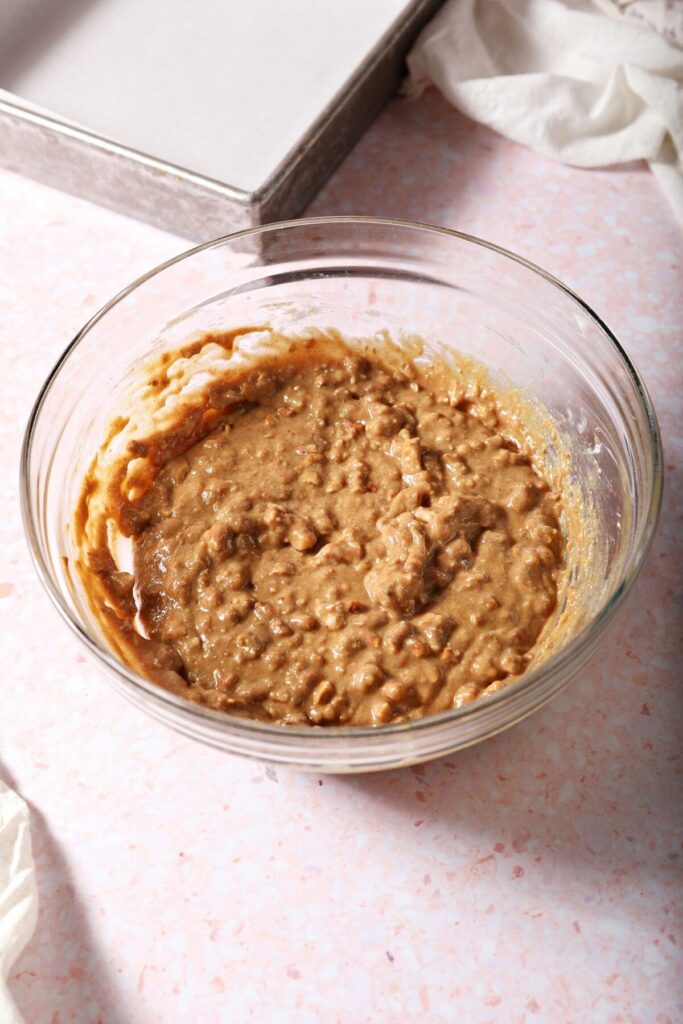 Peanut butter bars filling in a bowl after mixing