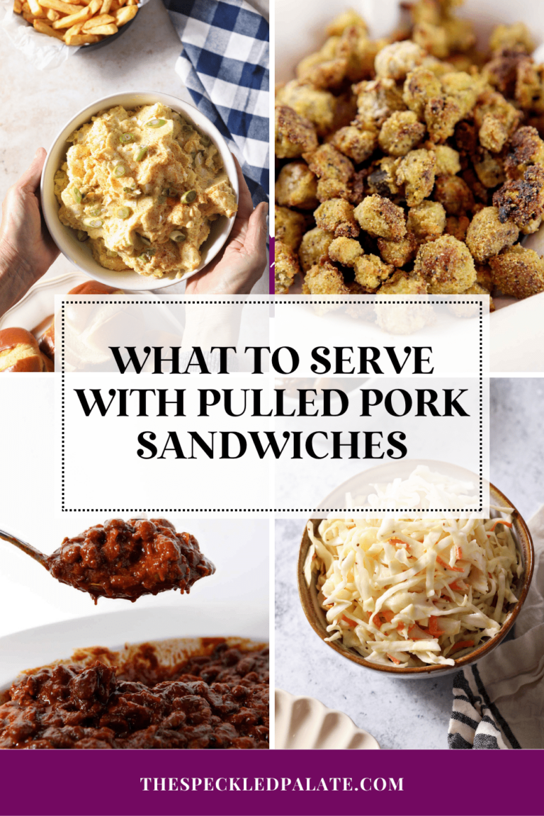 Collage with 4 images and the text what to serve with pulled pork sandwiches sides to sere with pulled pork sandwiches