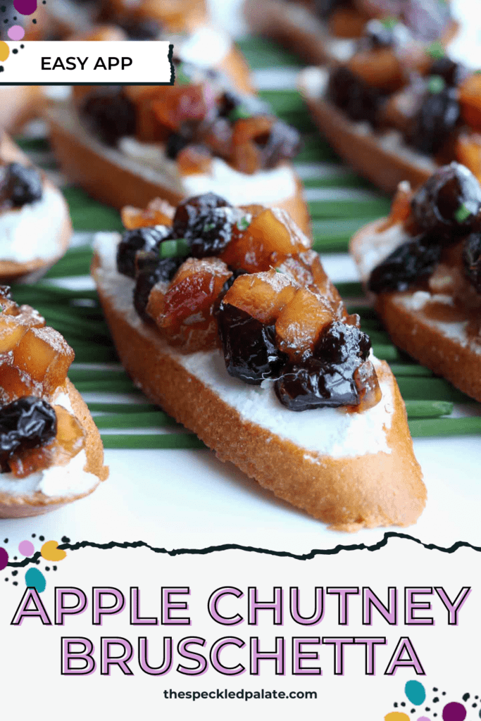 Close up of platter of toasted bread topped with goat cheese and homemade apple chutney with the text Apple Chutney Bruschetta