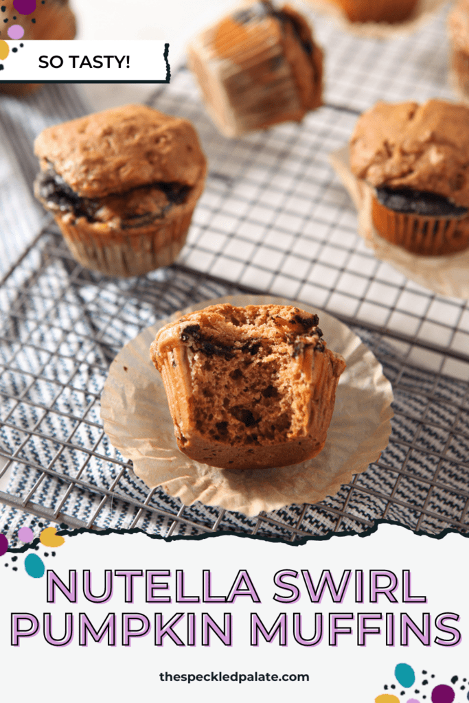 Several Easy Pumpkin Muffins cool on a wire cooling rack, with the text nutella swirl pumpkin muffins