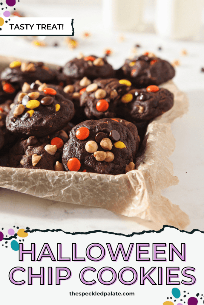 A platter of stacked Chocolate Chocolate Chip Cookies with Peanut Butter and White Chocolate Chips with the text halloween chip cookies