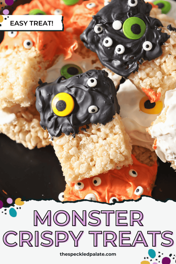 Various decorated Halloween Rice Krispie Treats with monster eyes on a black plate with the text Monster Crispy Treats