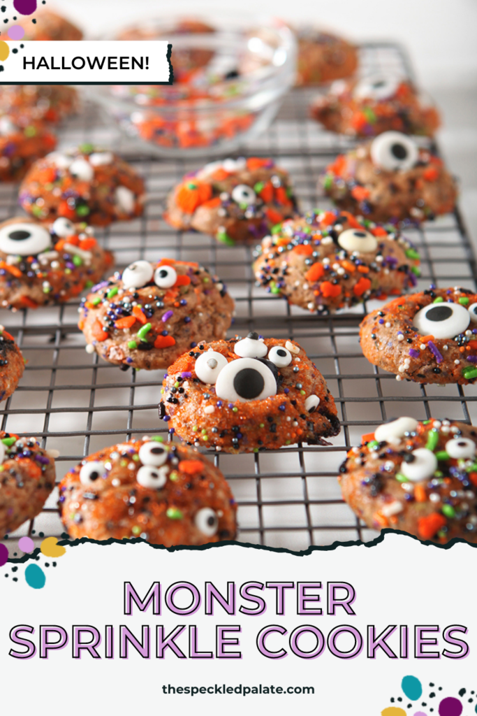 Halloween monster cookies on a cooling rack, with extra sprinkles, with the text monster sprinkle cookies