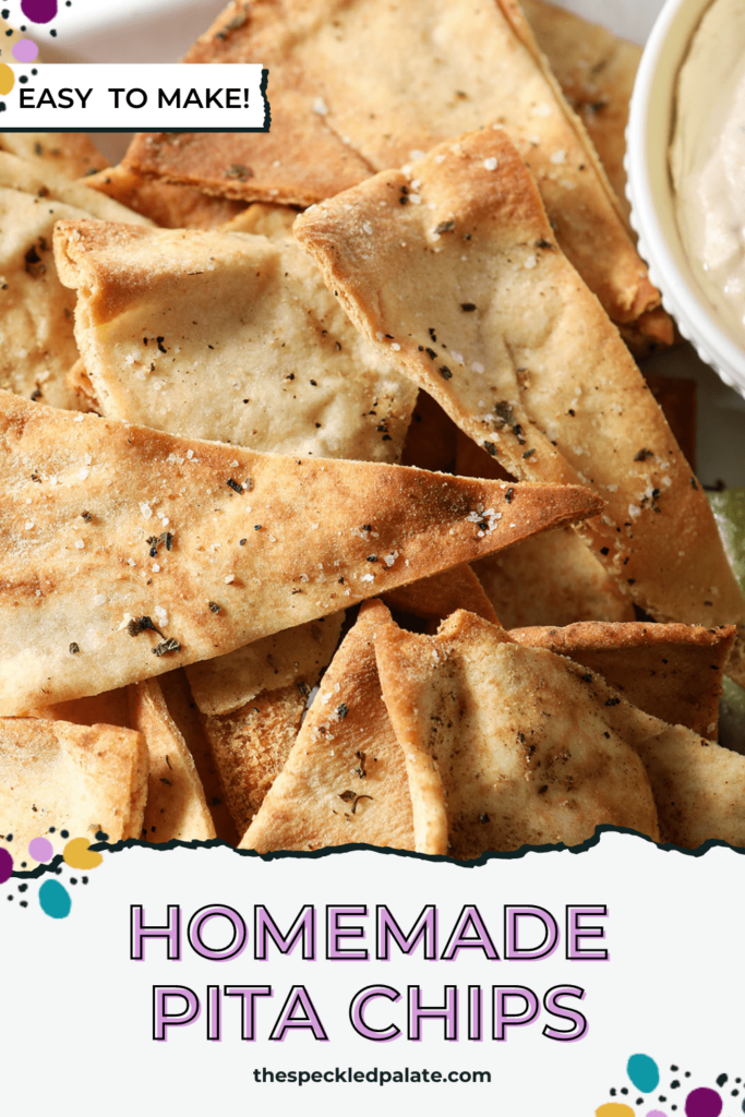 Close up of roasted pita chips on a white plate with the text Homemade Pita Chips