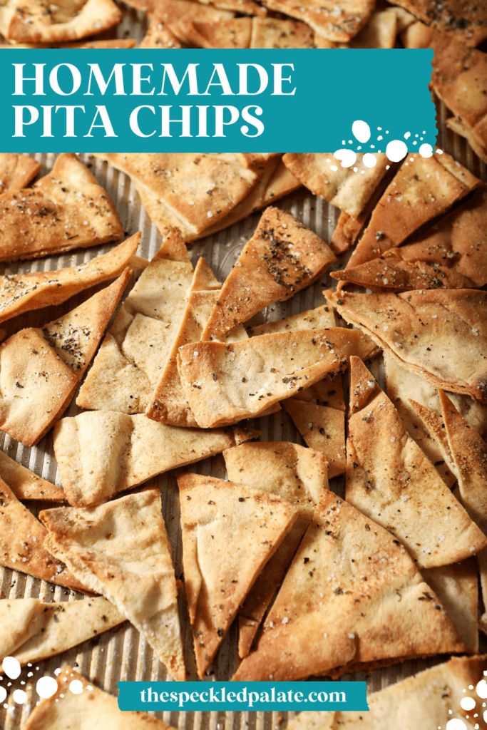 Golden brown baked pita chips on a sheet pan with the text Homemade Pita Chips