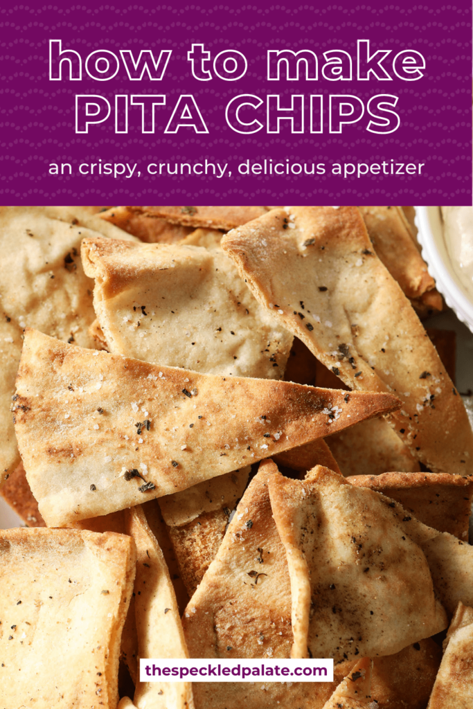 Close up of roasted pita chips on a white plate with the text How to make Pita Chips a crispy, crunchy, delicious appetizer