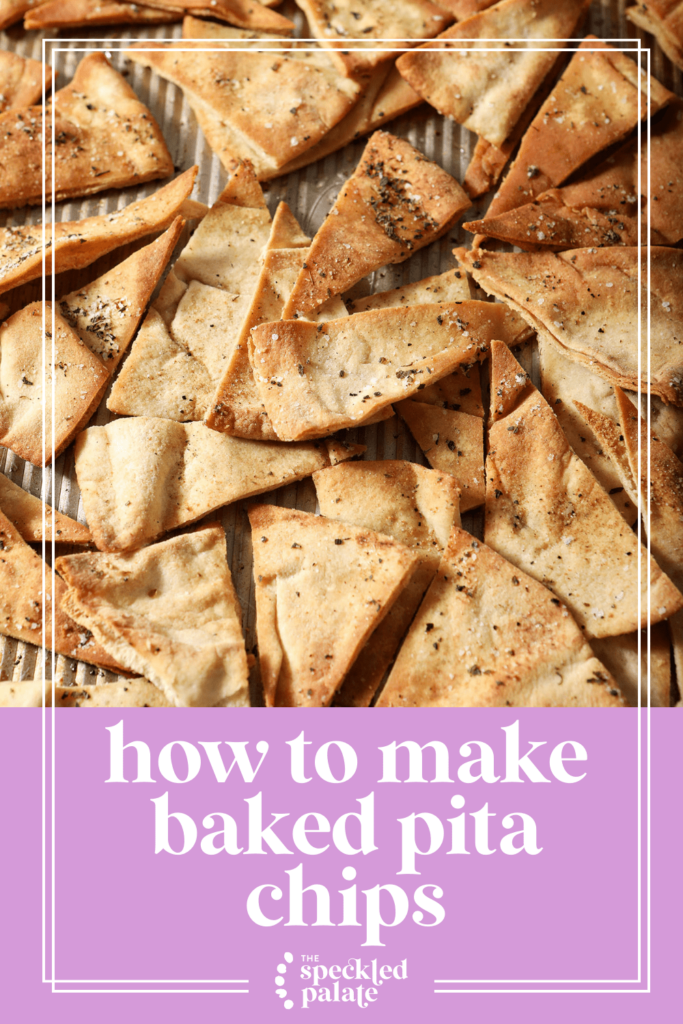 Golden brown baked pita chips on a sheet pan with the text how to make baked pita chips