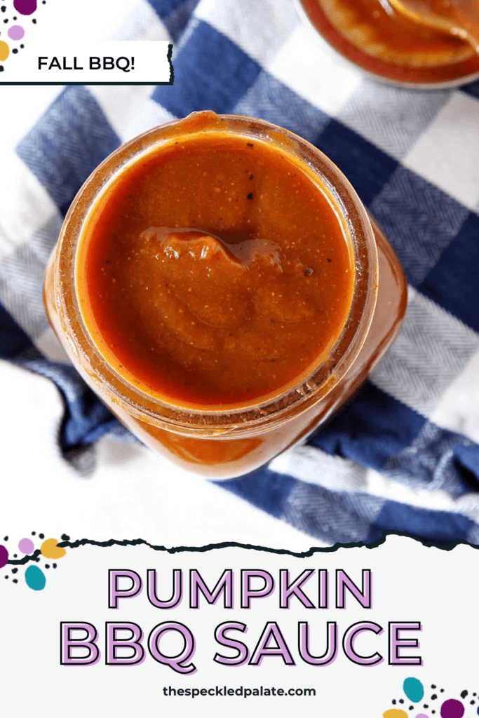 an orange barbecue sauce in a glass jar with the text pumpkin BBQ sauce