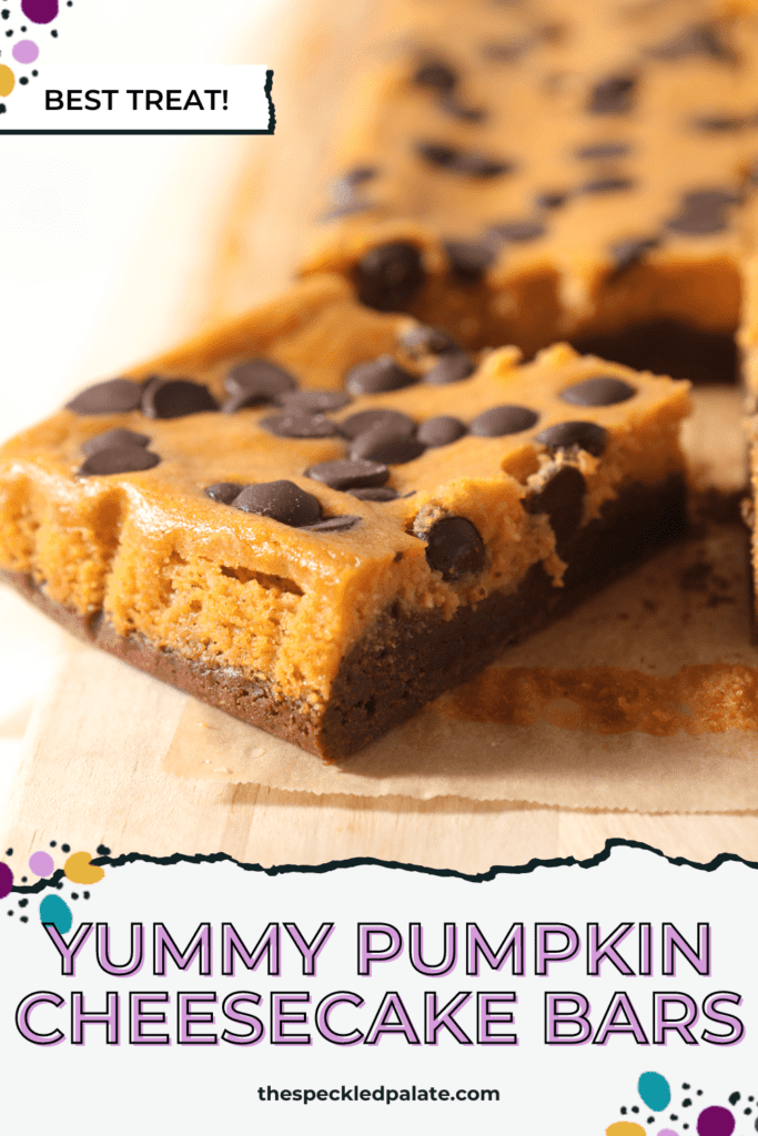 Close up of a sliced pumpkin cheesecake bar with chocolate chips and a chocolate base on a wooden board with the text yummy pumpkin cheesecake bars