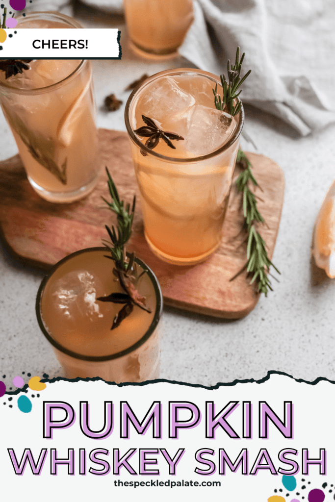 Four cocktails garnished with star anise, lemon and rosemary with the text pumpkin whiskey smash