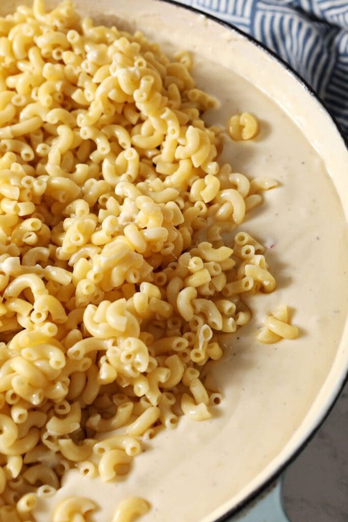 Cooked elbow macaroni on top of the cheese sauce in a pan