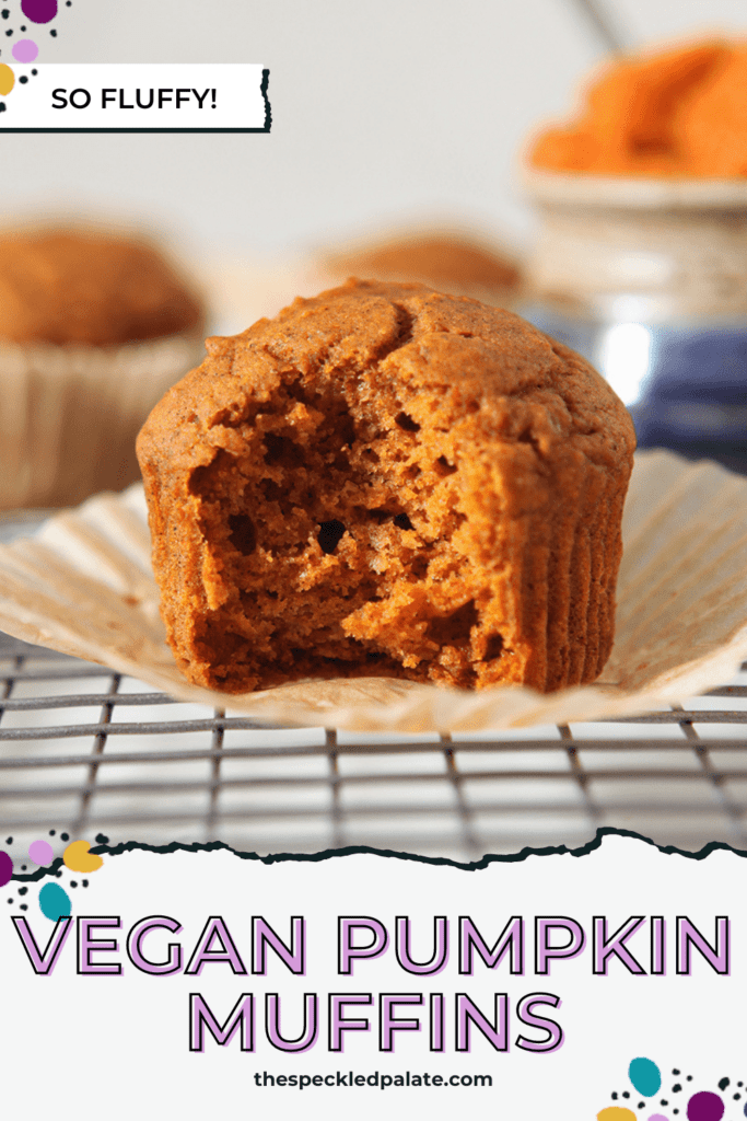 Close up of a vegan pumpkin muffin with a bite taken out of it with the text vegan pumpkin muffins